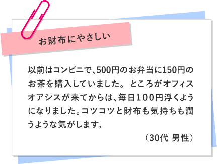 お財布にやさしい 〜 以前はコンビニで、500円のお弁当に150円のお茶を購入していました。ところがオフィスオアシスが来てからは、毎日１００円浮くようになりました。コツコツと財布も気持ちも潤うような気がします。（30代 男性）